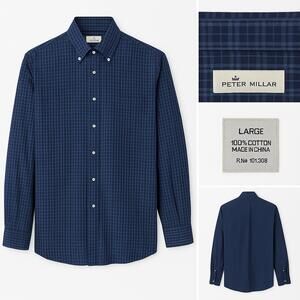 Peter Millar Men’s Long Sleeve Navy Plaid Button-Down Shirt 100% Cotton Size L